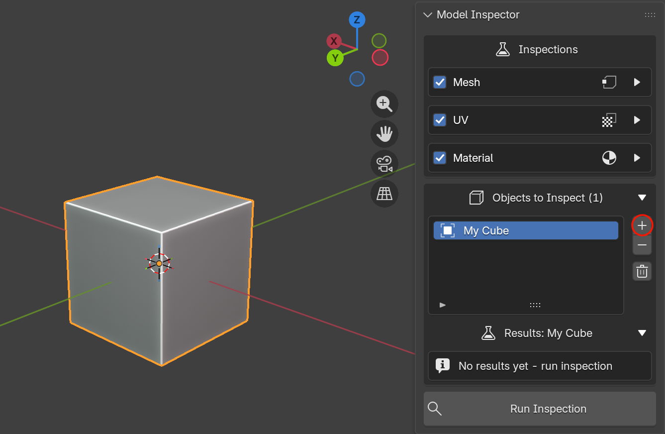 The Model Inspector panel with the Add Object button highlighted